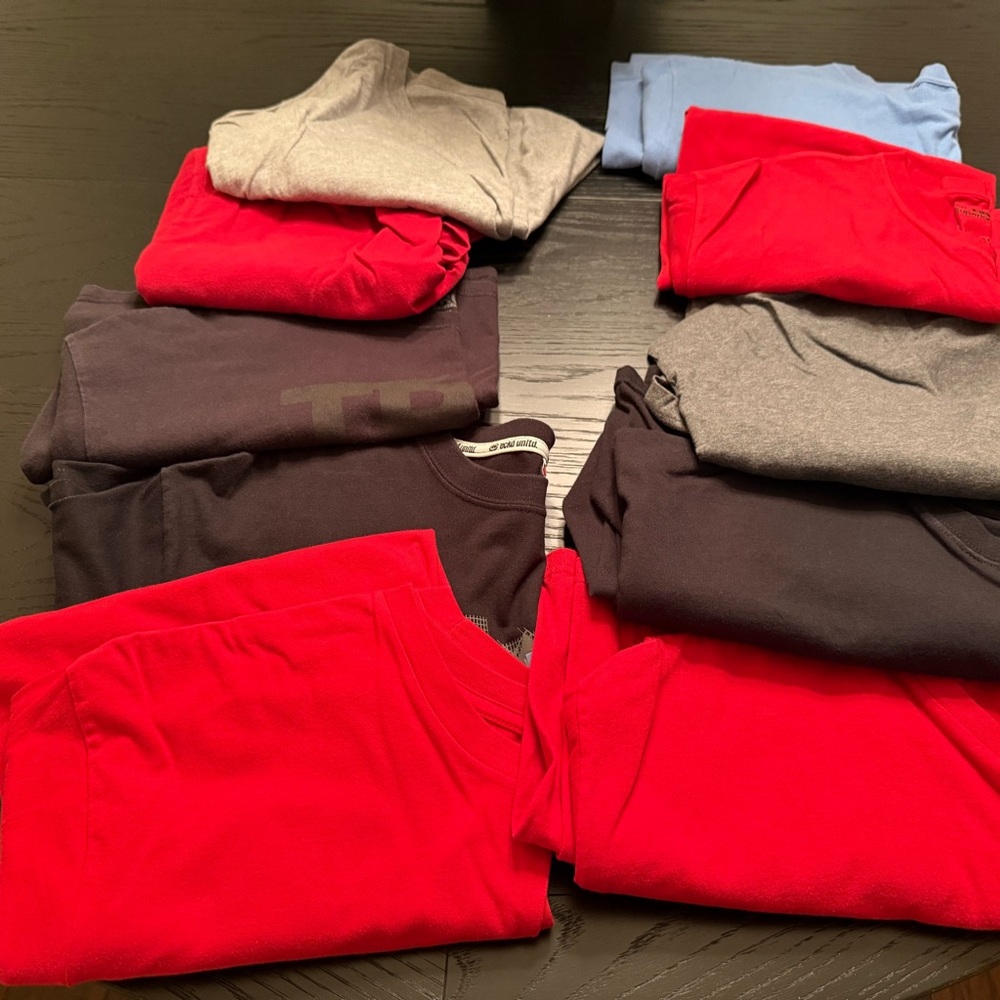 Assorted T-Shirts in Red, Gray, and Blue, and Brown